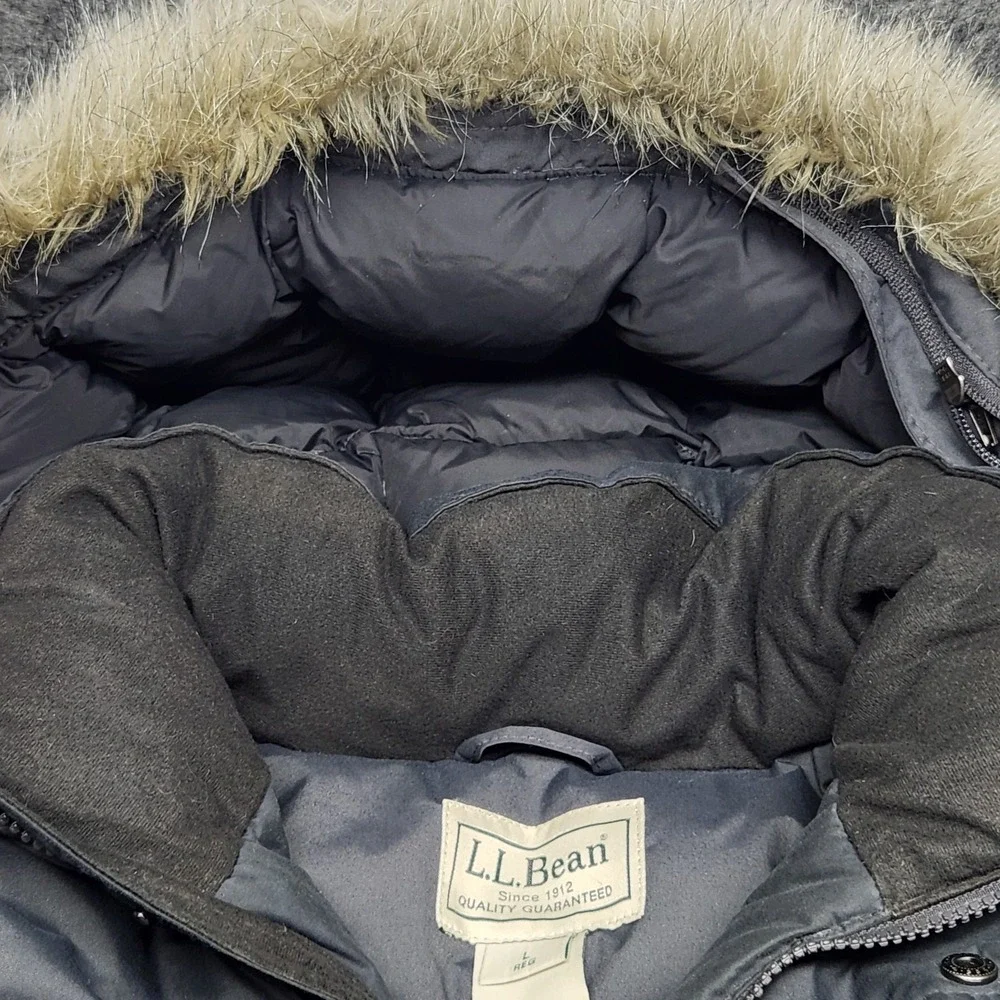 LL Bean Mens VTG Goose Down Faux Fur Hooded Gray Parka Quilted Puffer Large